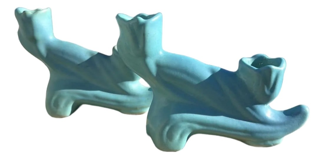 Antique Van Briggle Candlestick Holders Pair Matte Turquoise Colo Springs (1 of 12)