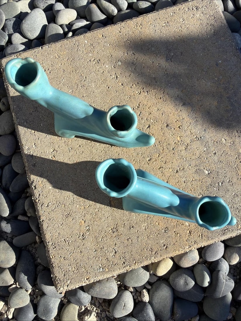 Antique Van Briggle Candlestick Holders Pair Matte Turquoise Colo Springs - 5