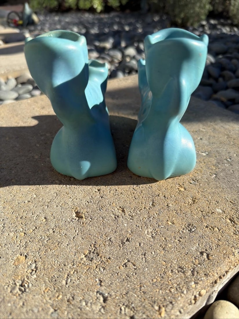 Antique Van Briggle Candlestick Holders Pair Matte Turquoise Colo Springs - 8