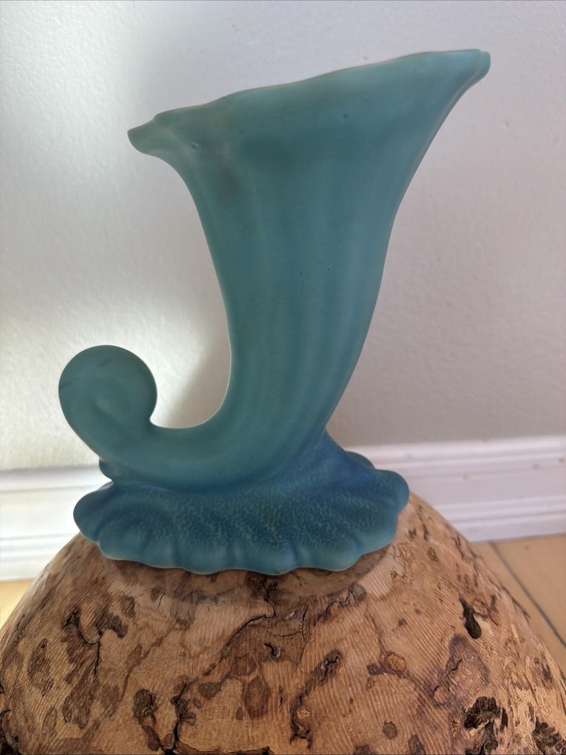 Antique Van Briggle Cornucopia Vase Matte Turquoise Colorado Springs 8 Inch - 4