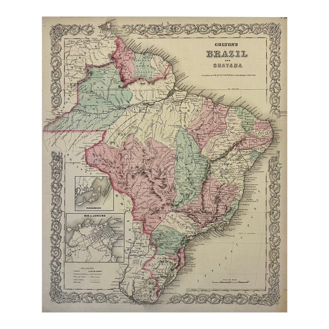 Brazil, Guayana and Rio De Janeiro, Original Map by Colton, 1871: Original steel engraving by J.H. Colton, 1871. The map details the geography of Brazil, Guyana, Suriname, and French Guiana during the 19th century. Vignettes include Rio de Janeiro and Pernambuco.