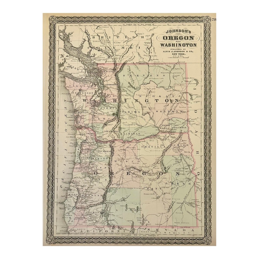 Oregon and Washington Original Map by Johnson, 1870: Original steel engraving by Alvin J. Johnson and Co. in New York, 1870. Displays state and county boundaries, towns, railroads, and areas of Native American habitations. Dimensions: 14" x 17",