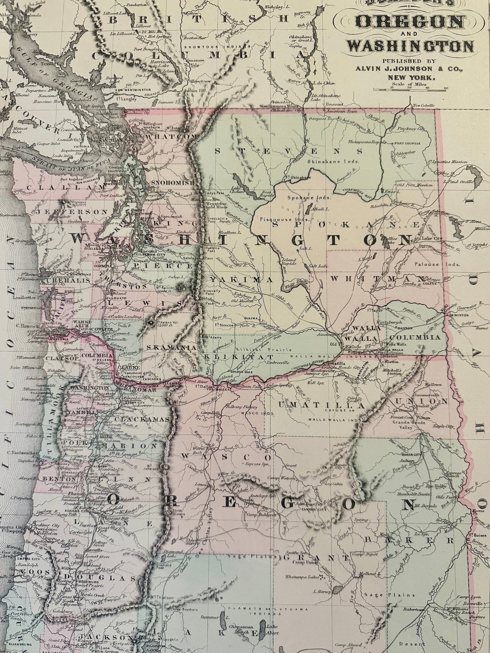 Oregon and Washington Original Map by Johnson, 1870 - 2