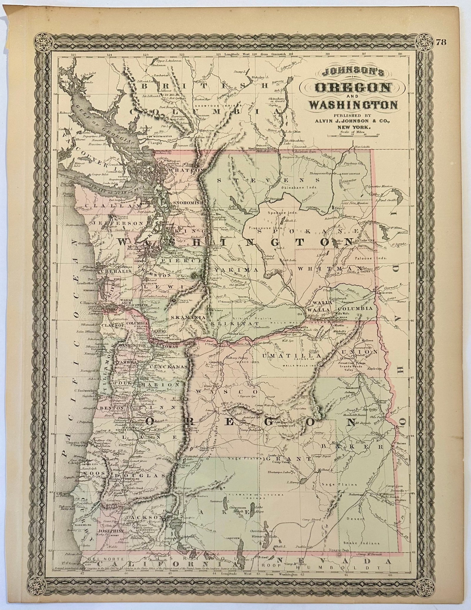Oregon and Washington Original Map by Johnson, 1870 - 3