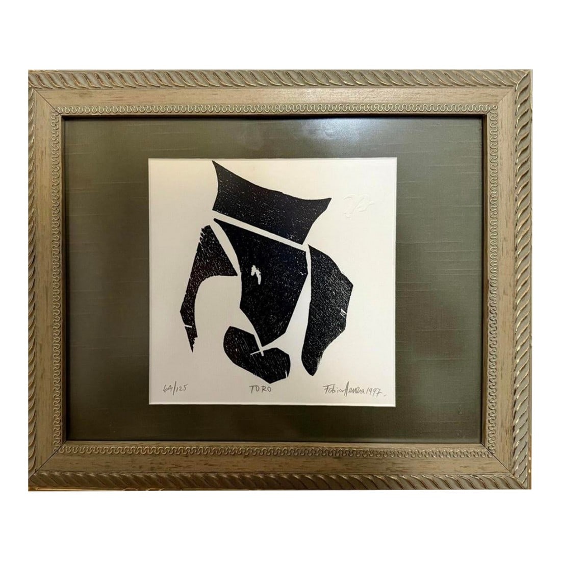 Fabio Herrera "Toro" 1997 Signed LTD Ed Woodcut 64/125 Framed: Fabio Herrera (Costa Rican, b. 1954) "Toro" (Bull), 1997 Limited Edition Woodcut, 64/125 Hand Signed & Dated in Pencil Blind Embossed Studio Stamp Professionally Framed A striking modernist woodcut