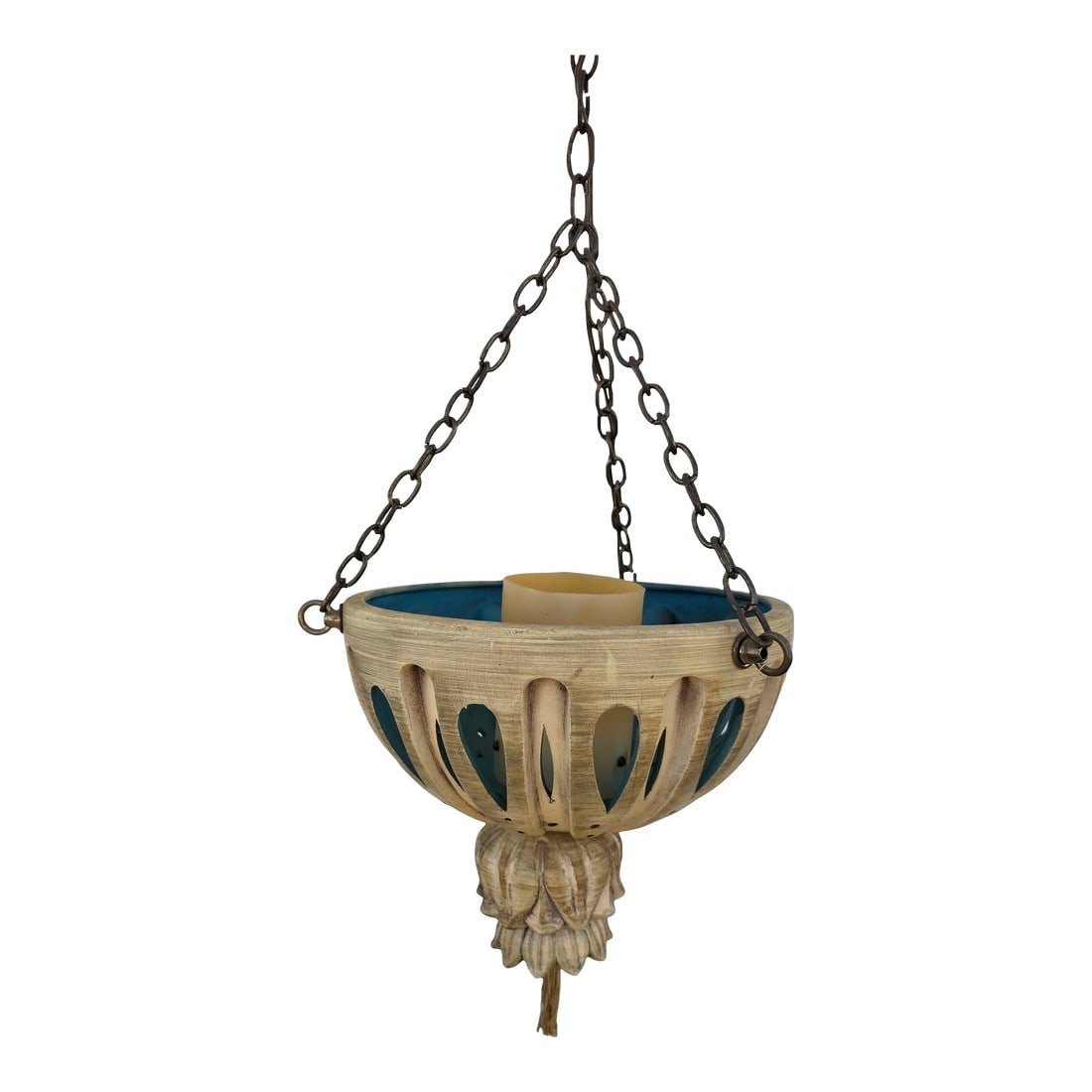 Mid Century Ceramic Lantern: Circa 1970 pierced Ceramic lantern. Condition: Alterations: Original Condition Unaltered Imperfections: Some Imperfections Condition Notes: The interior plastic cylinder shade has some discoloration.