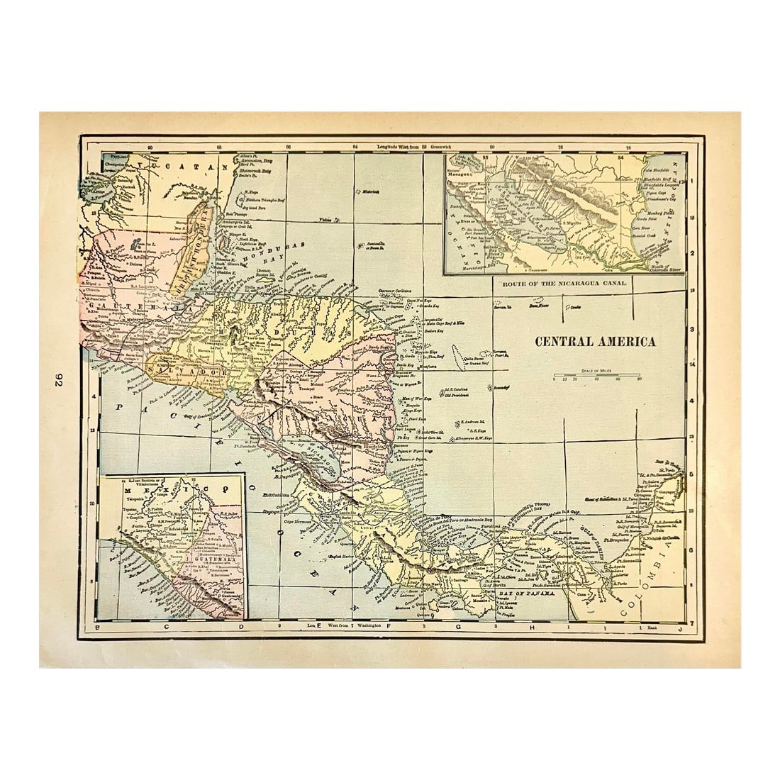 Central America (Aspinwall & Nicaragua), Original Map by Cram, 1889: Original engraving by Cram from Cram's Unrivaled Atlas of the World, 1889. Highlights countries including Guatemala, Honduras, Nicaragua, Costa Rica, and Panama. Key historical features shown