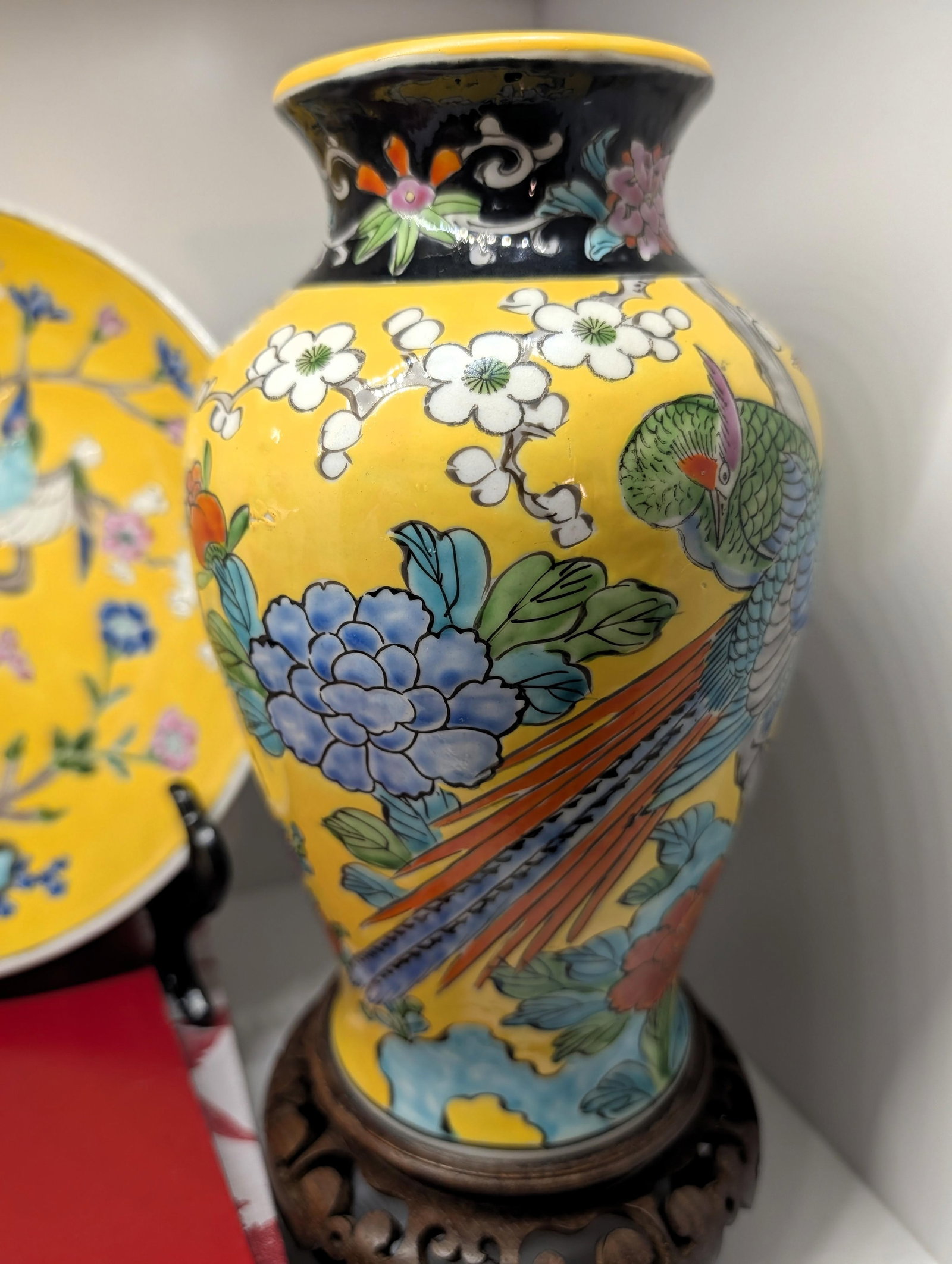Vintage Yellow Ground Chinoiserie Porcelain Vase & Plate With Phoenix and Peony Motif – 10.75" - 2
