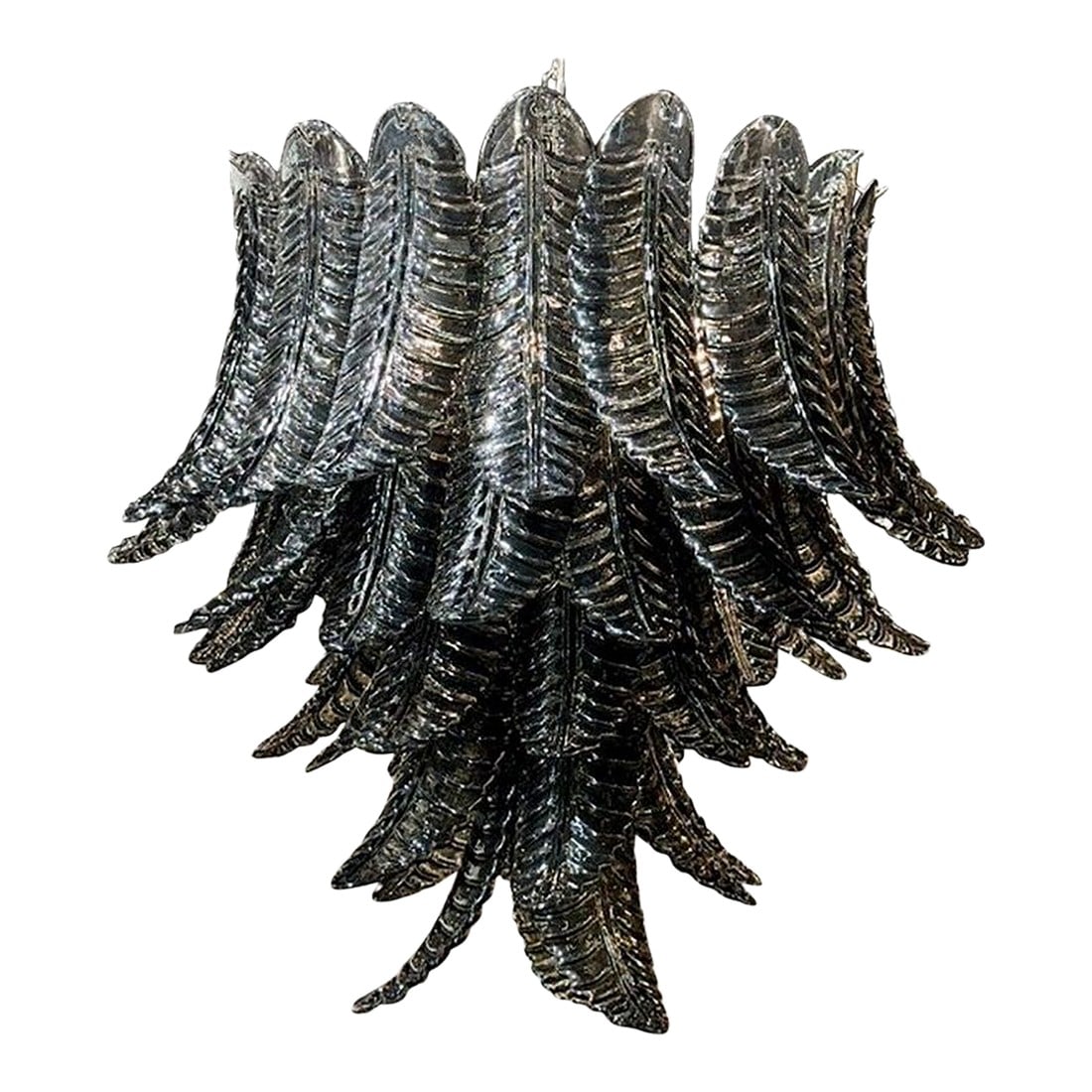 Black Murano Glass Palm Chandelier: Modern Murano black glass palm leaf chandelier. Circa 2000. The chandelier has been professionally rewired, comes with matching chain and canopy. It is ready to hang! Condition: Alterations: Original