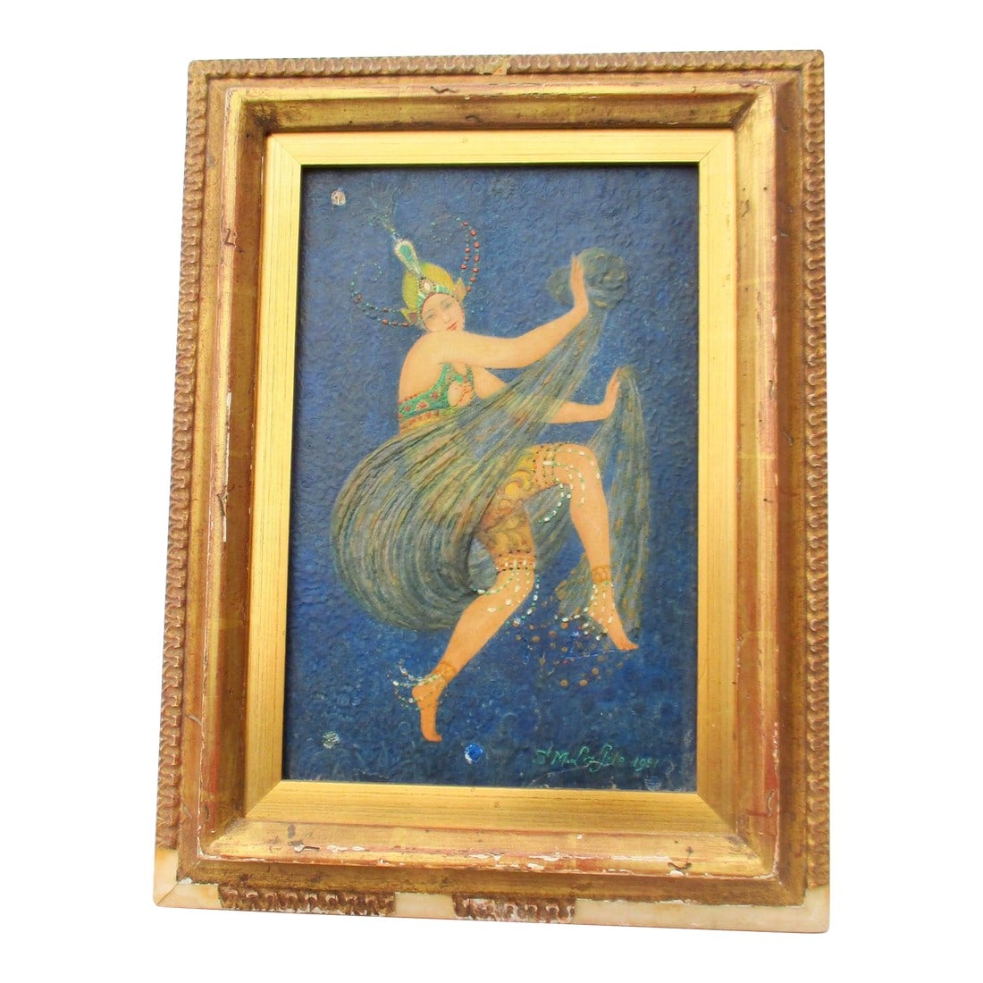 Art Deco Dancer Mixed Media Painting 1921: Bright midnight blue ground with anexotic dancer in a wispy green veil dancing in the mists. Beautiful Art Deco decorative panel with a surface of hammered gesso and painted in an intense layer of