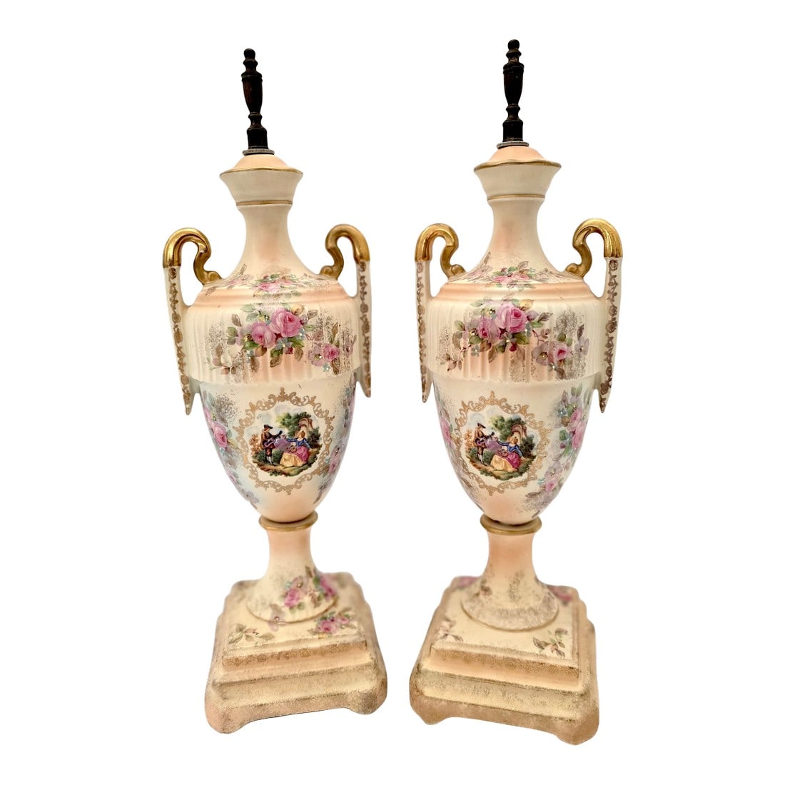 Pair of Antique French Sevres-Style Porcelain Vases: Pair of Antique Sevres-Style Porcelain Vases in classic urn shape typical of 19th century France. Vases feature ornate scrollwork and delicate hand-painted details, including a "fÃªte galant