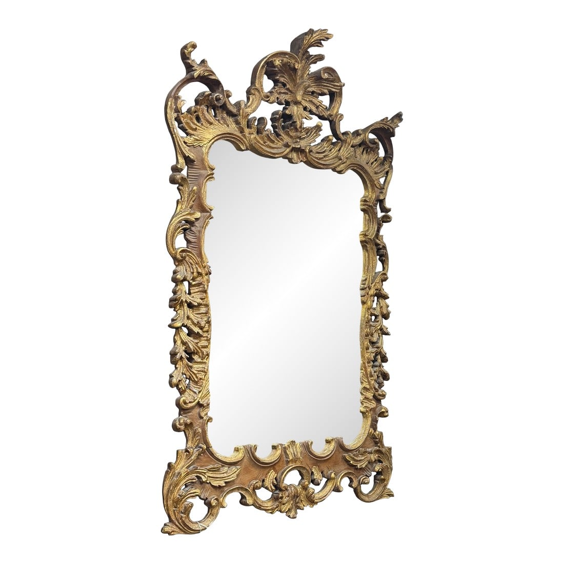 Vintage LaBarge Rococo Giltwood Mirror: Vintage LaBarge mirror in classic Rococo style. Features a deeply carved wood frame with scrolling acanthus motifs and an aged gilt finish that highlights the detail and adds warmth. A bold,