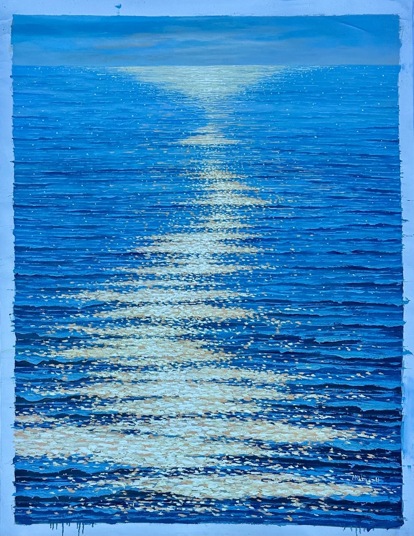 Moonpath "” Seascape Original Oil Painting, Unstretched, by Samuel H.: Original oil on canvas, unstretched, by artist Samuel H. The artist masterfully captures the magic of moonlight "” or perhaps late-day sun "” as it cascades across the water's surface in