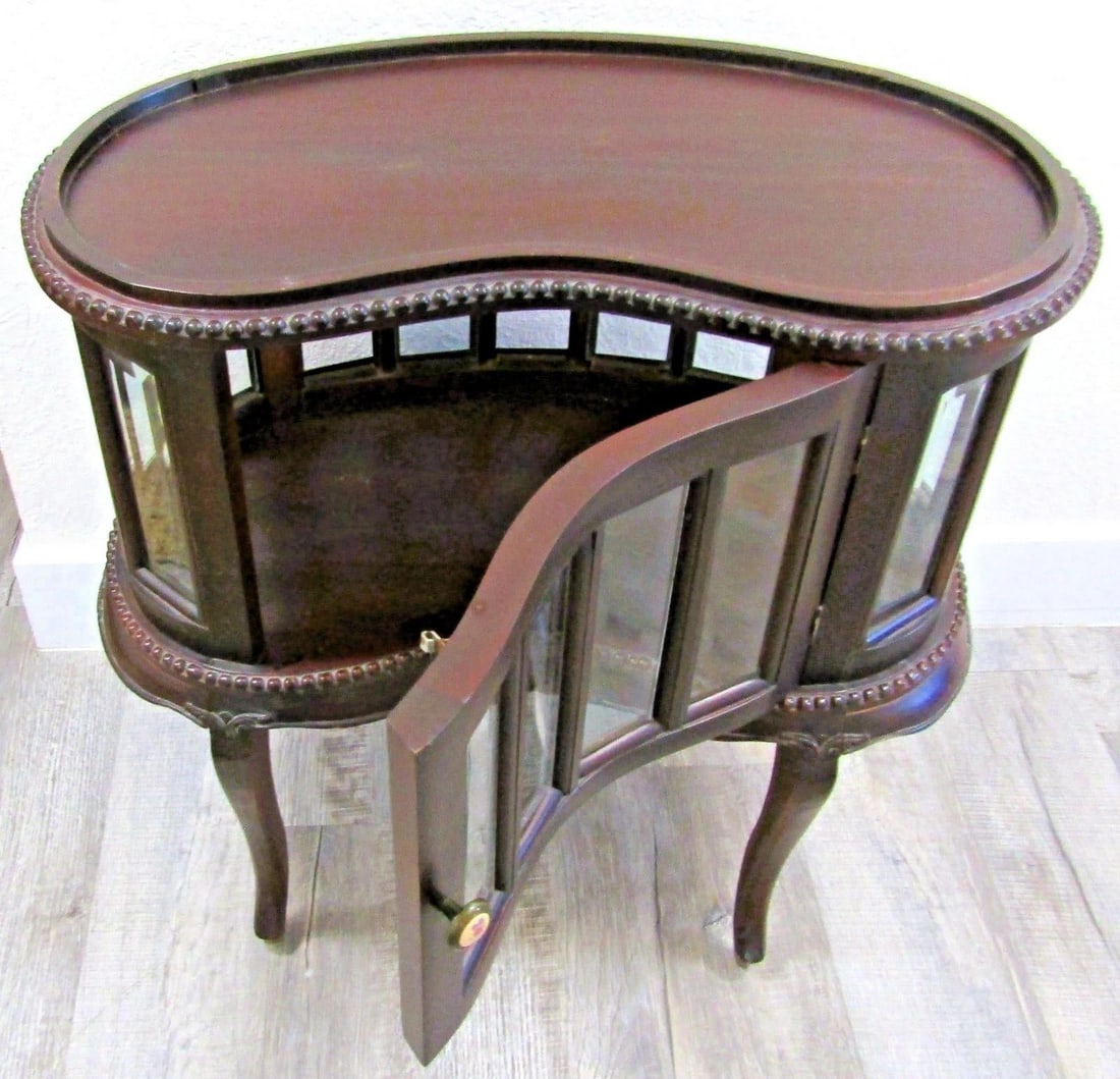 1930's Queen Anne Mahogany Kidney Shaped Beveled Glass Tray Top Drink Cabinet - 13