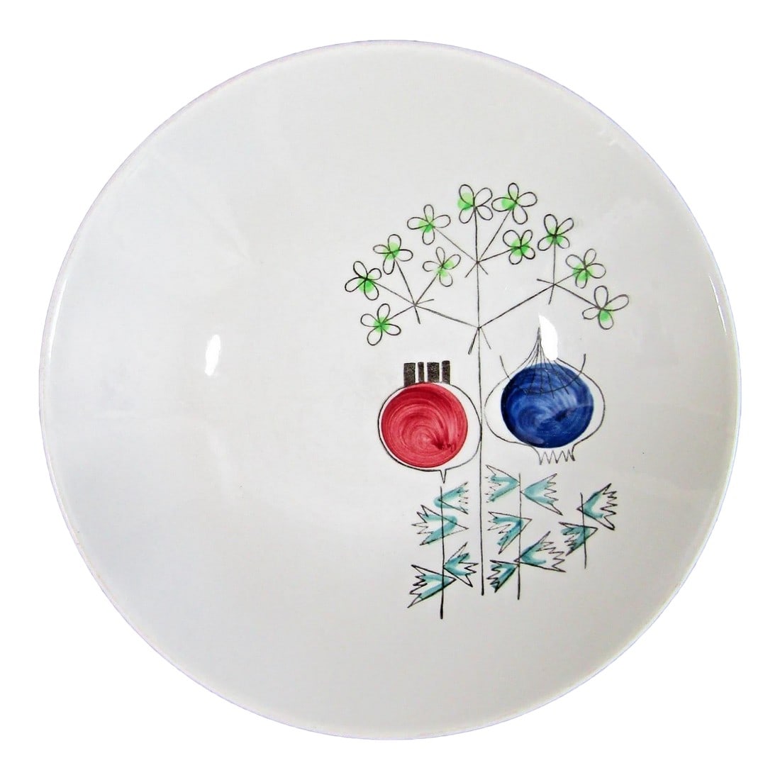 1950s Mid-Century Modern Rörstrand Sweden Pomona Picknick Soup Bowl Design by Marianne Westman: The Rörstrand Sweden Pomona Picknick Soup Bowl, designed by Marianne Westman, is a vintage ceramic bowl that exudes a Mid-Century Modern style. This round bowl features a hand-painted Picknick