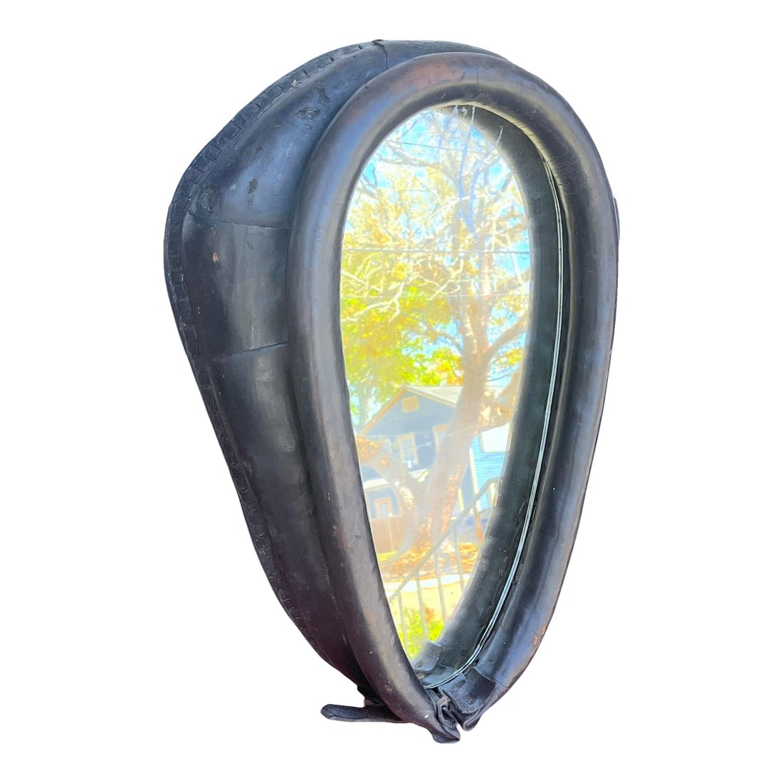 Vintage Horse Dark Brown Light Harness Collar Mirror Rustic American Folk Art Ralph Lauren Style Equ: A vintage mirror crafted from an authentic horse harness collar, repurposed into a striking piece of American equestrian folk art. This example retains its original blackened leather with visible