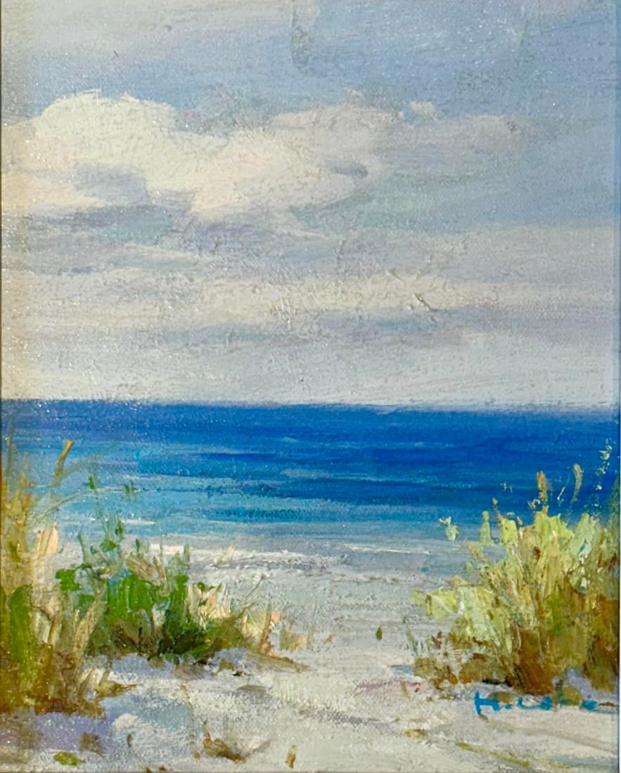 Serene Ocean Beach Pathway Scene Oil Painting by H. Cole (Framed) - 2