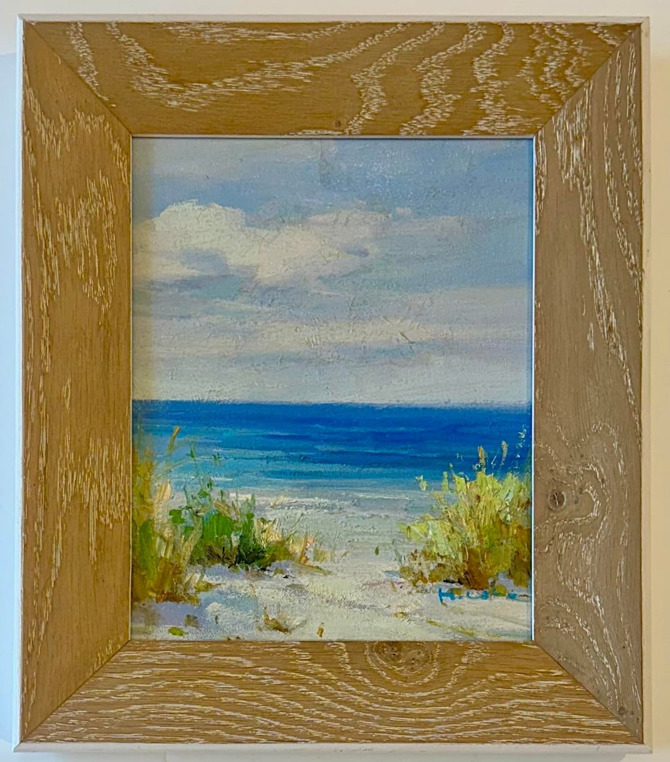 Serene Ocean Beach Pathway Scene Oil Painting by H. Cole (Framed) - 5