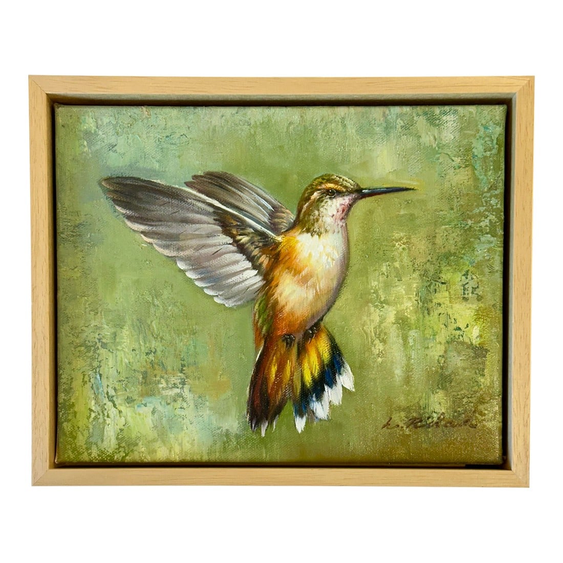 Rufous Hummingbird in Flight, Original Oil on Canvas by L. Ricard (Framed): Original oil on canvas by L. Ricard, circa 2023. A luminous study of a rufous hummingbird caught mid-hover, wings spread in a moment of suspended flight. Custom-framed in a clean, natural maple float