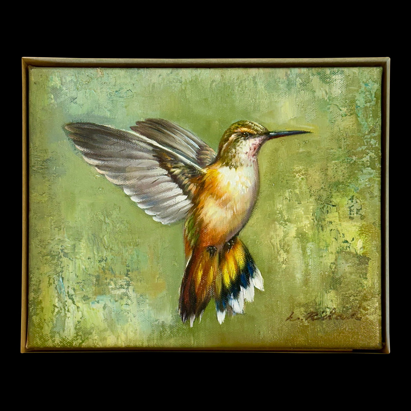 Rufous Hummingbird in Flight, Original Oil on Canvas by L. Ricard (Framed) - 2