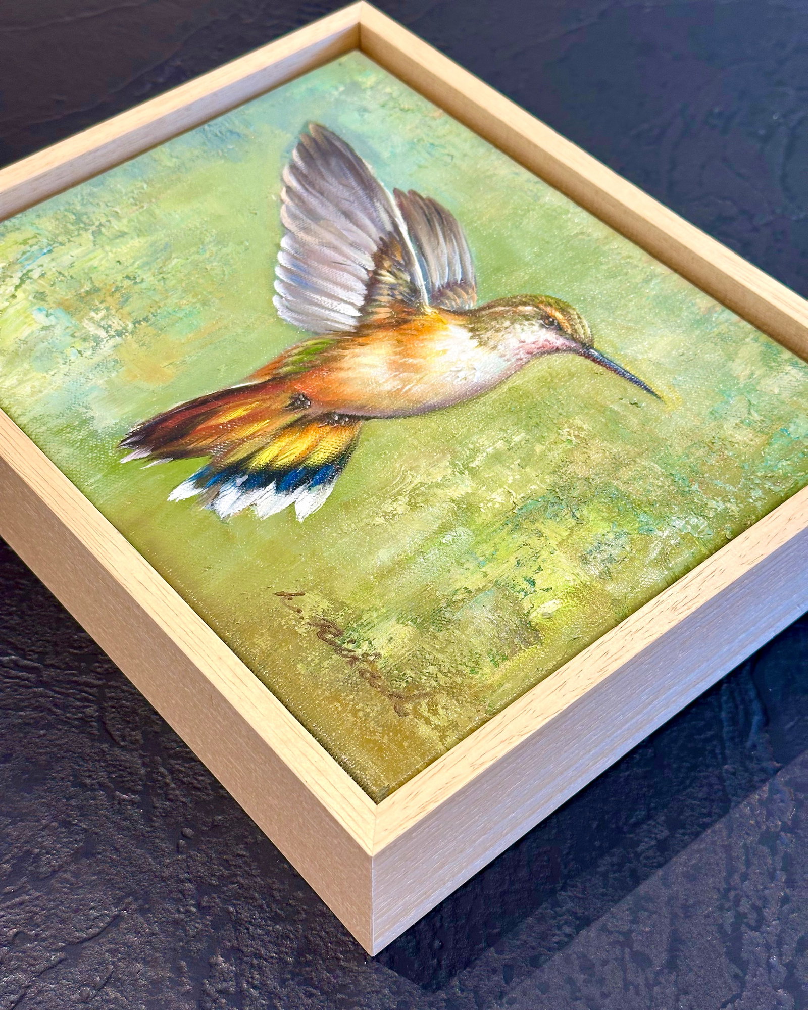 Rufous Hummingbird in Flight, Original Oil on Canvas by L. Ricard (Framed) - 3