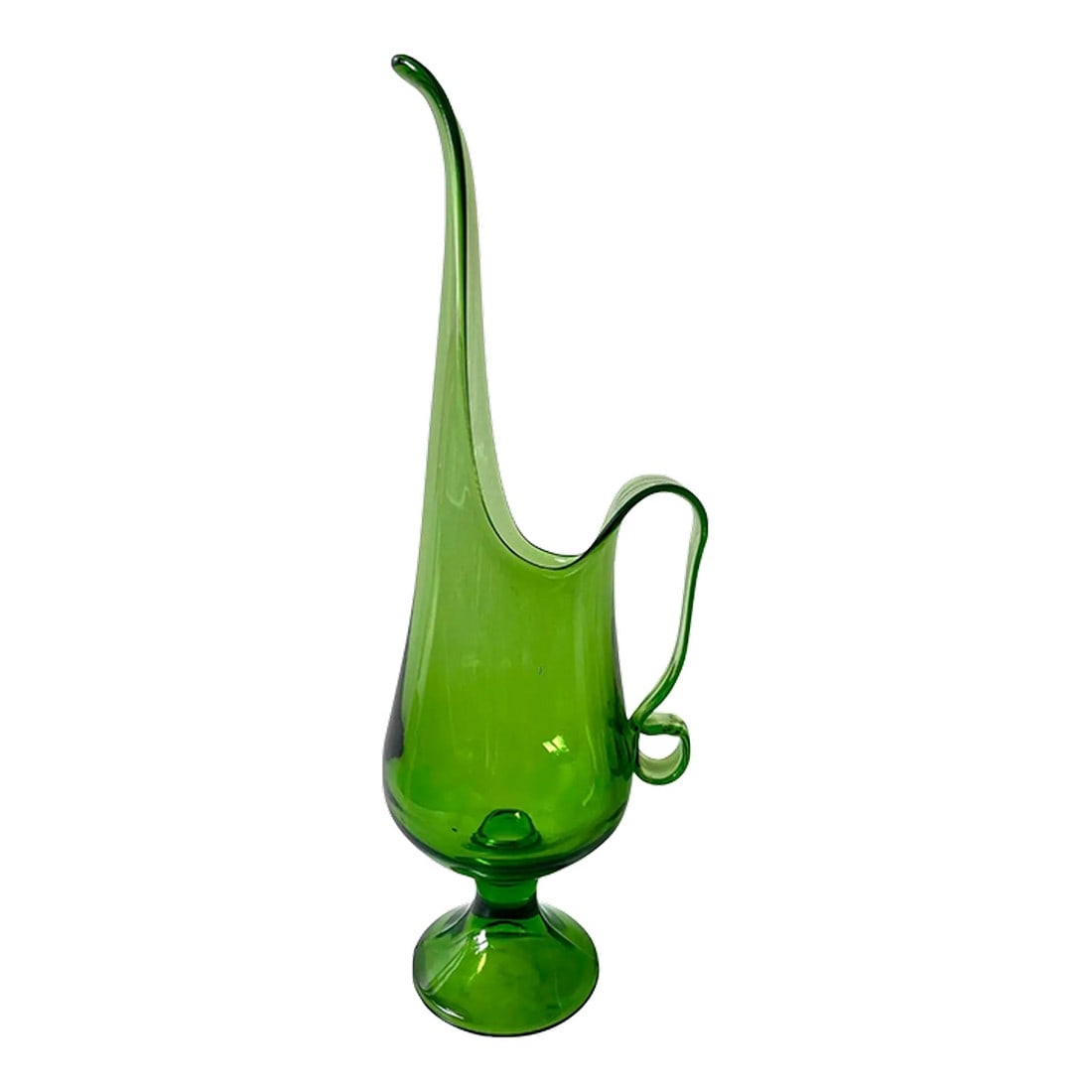 Viking L E Smith Swung Green Pitcher: Stunning rare L.E. Smith Company Viking swing pitcher. Gorgeous transparent green glass. Beautiful curves and detail. L.E. Smith Glass Company was a prominent American manufacturer (1907–2004) b