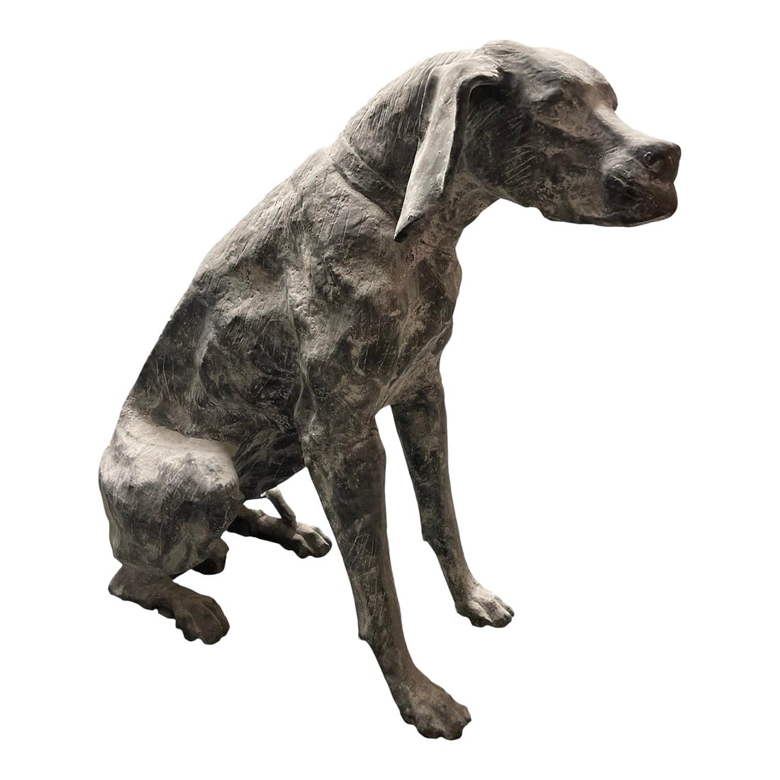Industrial Modern Seated Hound – Hand-Wrought Steel Sculpture: This striking life-size garden statue depicts a seated hound, captured in a moment of quiet alertness. Cast in heavy iron, the piece features a beautifully weathered, chalky patina that highlights