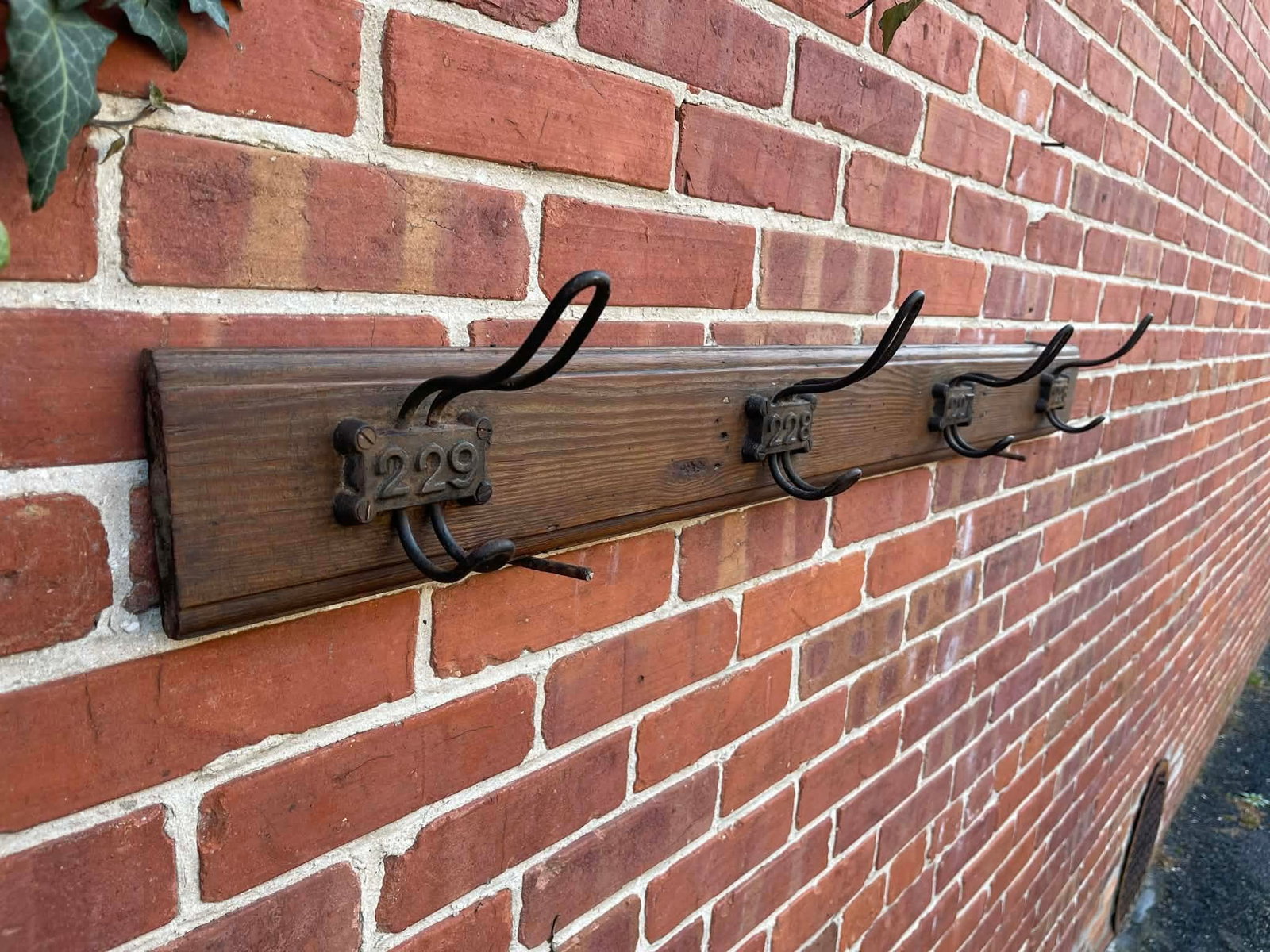 Antique English Yellow Pine Cast Iron Wooden Coat Rail 1890s - 4