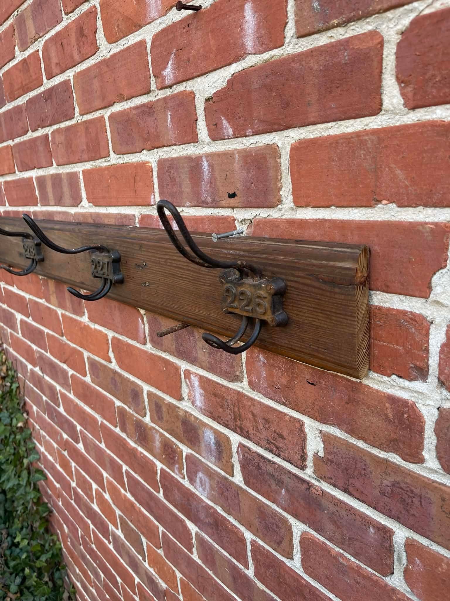 Antique English Yellow Pine Cast Iron Wooden Coat Rail 1890s - 5