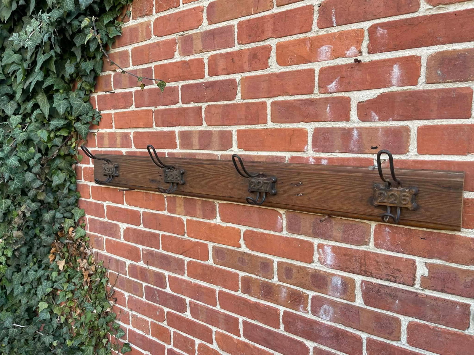 Antique English Yellow Pine Cast Iron Wooden Coat Rail 1890s - 6