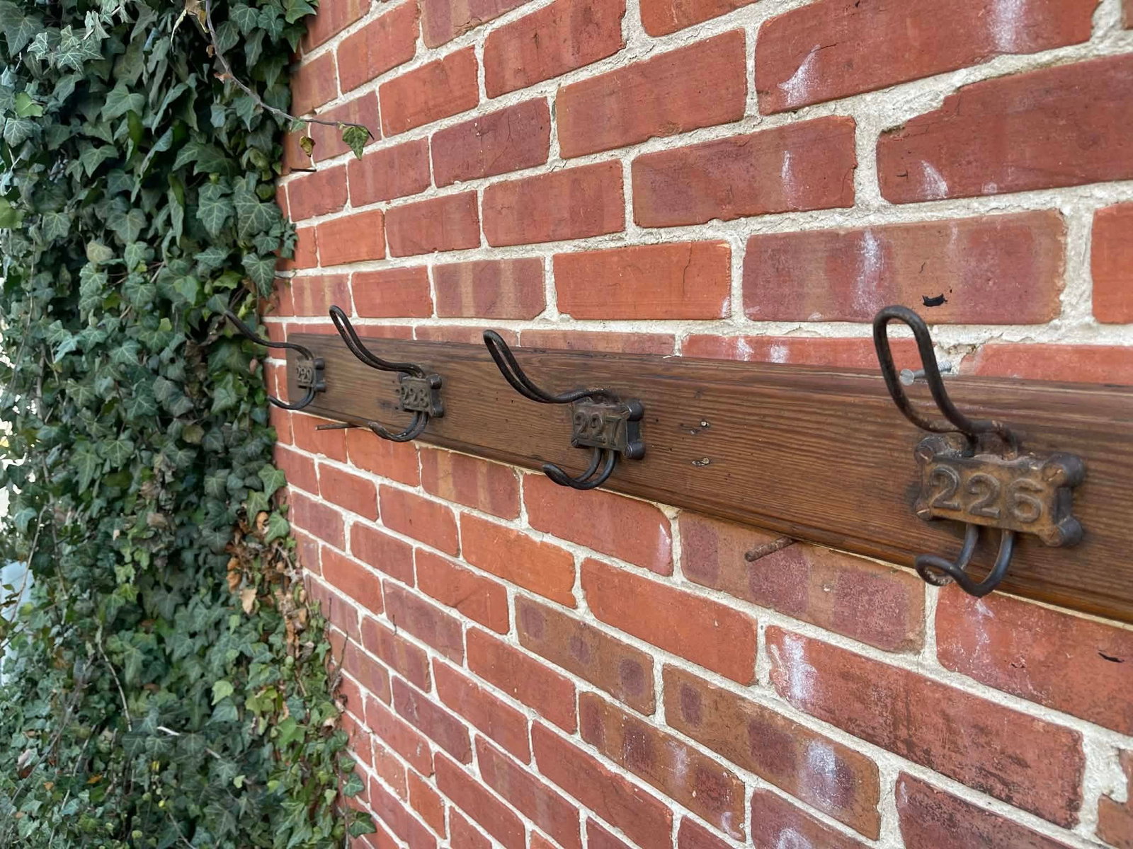 Antique English Yellow Pine Cast Iron Wooden Coat Rail 1890s - 8