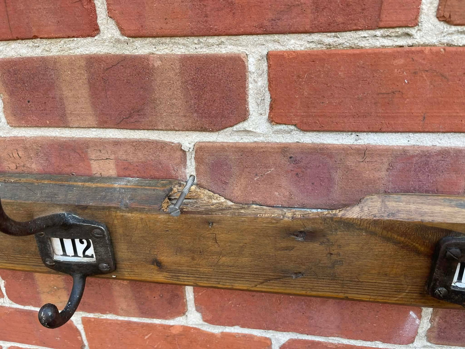Antique English Yellow Pine Cast Iron Wooden Coat Rail 1890s - 3