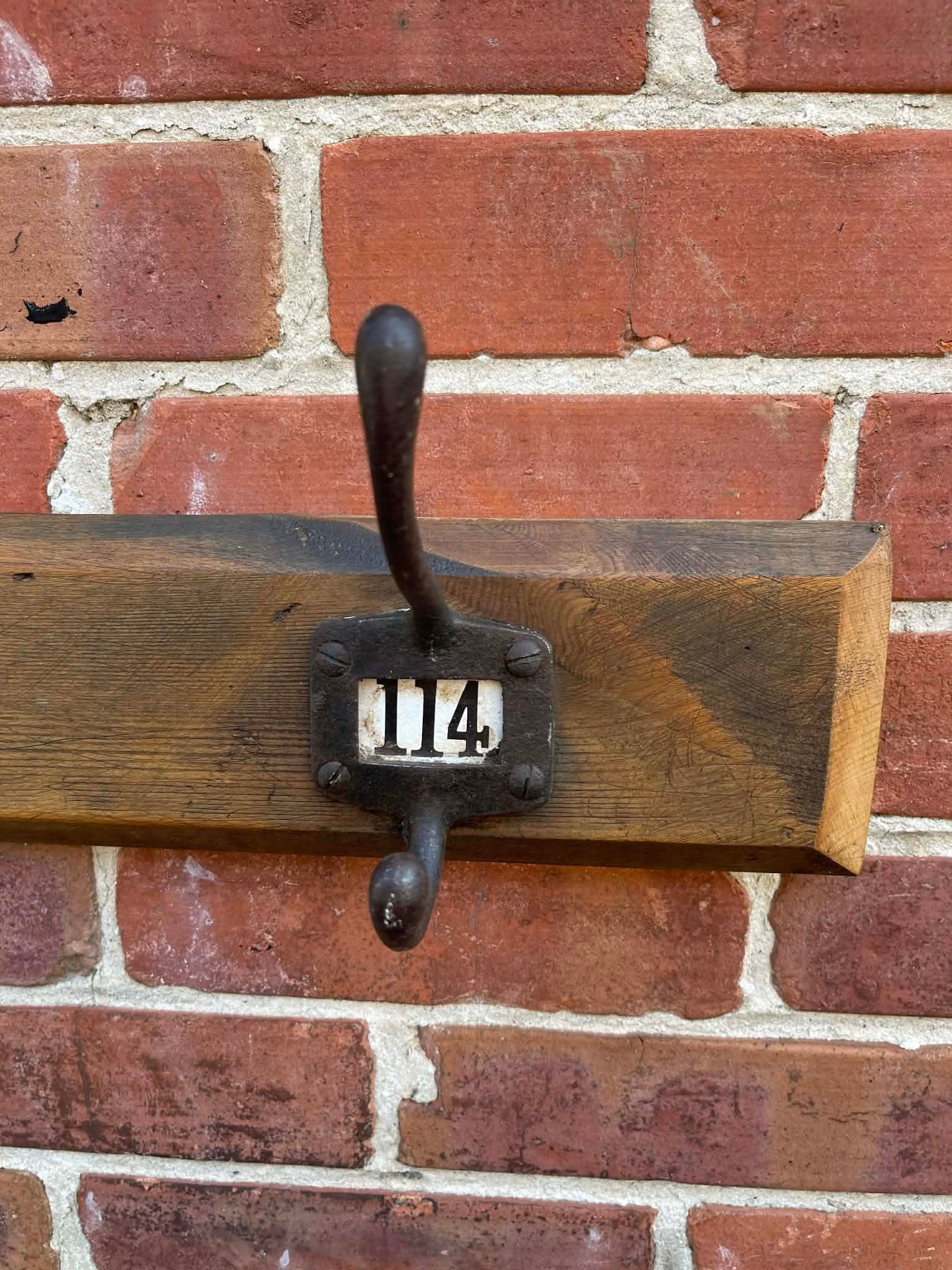 Antique English Yellow Pine Cast Iron Wooden Coat Rail 1890s - 7