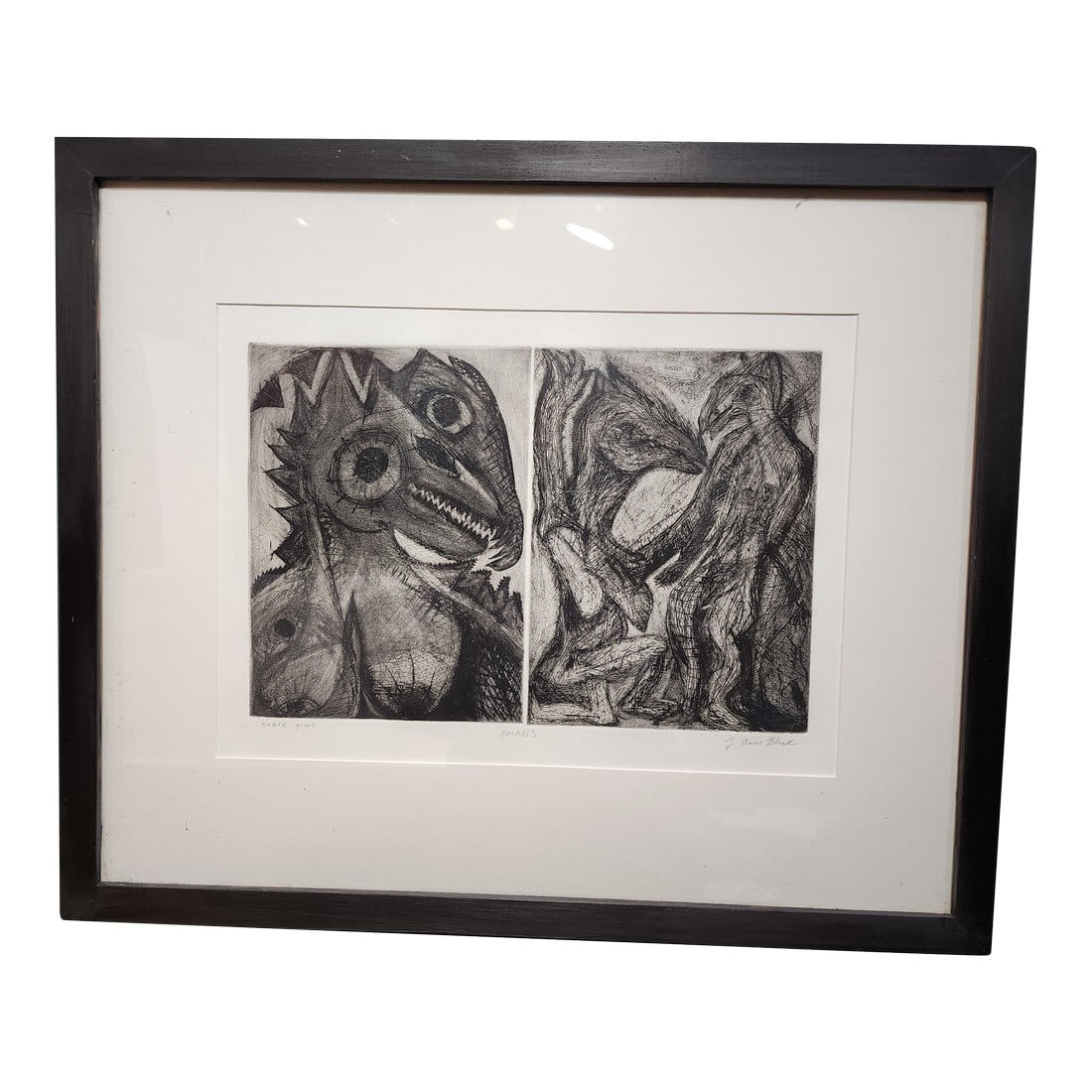 1990s J. Anne Black Brutalist Original Pencil Drawing Titled "Stare Proof Animals": I find this drawing to be creepy and disturbing. The more you study it the more powerful it is. It is framed in a wooden frame that looks to be hand painted black. We will ship this conversation