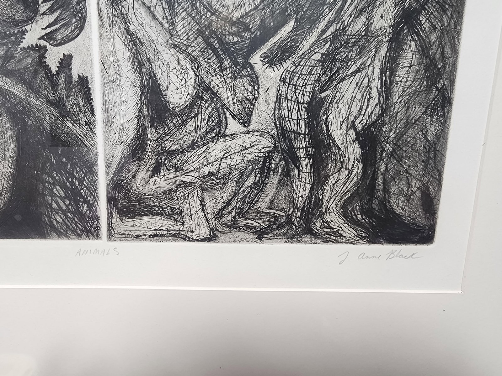1990s J. Anne Black Brutalist Original Pencil Drawing Titled "Stare Proof Animals" - 3