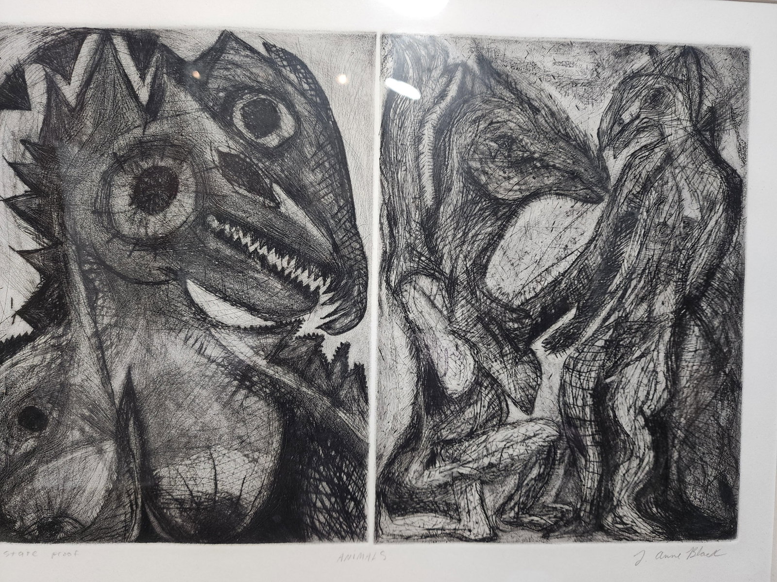 1990s J. Anne Black Brutalist Original Pencil Drawing Titled "Stare Proof Animals" - 5