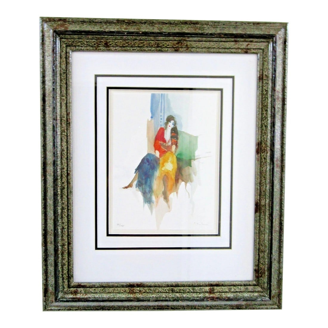 1990s Itzchak Tarkay Pencil Signed and Numbered Lithograph Seated Bohemian Woman: This is a signed and numbered lithograph by artist Itzchak Tarkay depicting a seated Bohemian woman. This medium-sized portrait print is framed and features expressionistic style. Produced in New