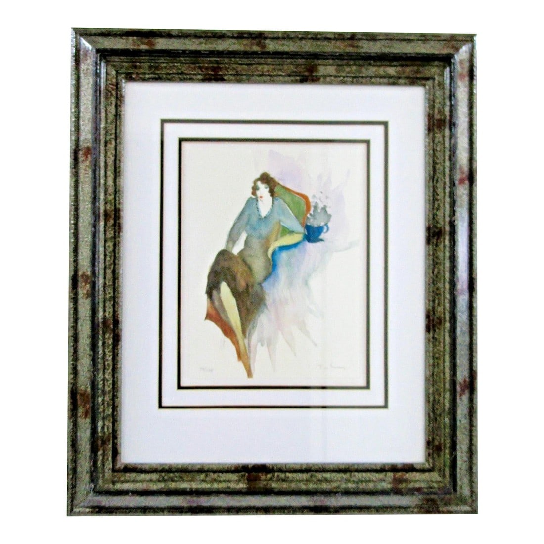1990s Itzchak Tarkay Pencil Signed and Numbered Lithograph Seated Woman With Coffee: This is a signed and numbered lithograph by artist Itzchak Tarkay depicting a seated woman with a coffee. This medium-sized portrait print is framed and features expressionistic style. Produced in