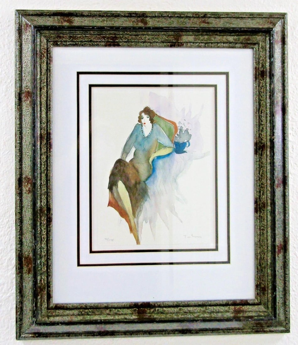 1990s Itzchak Tarkay Pencil Signed and Numbered Lithograph Seated Woman With Coffee - 2