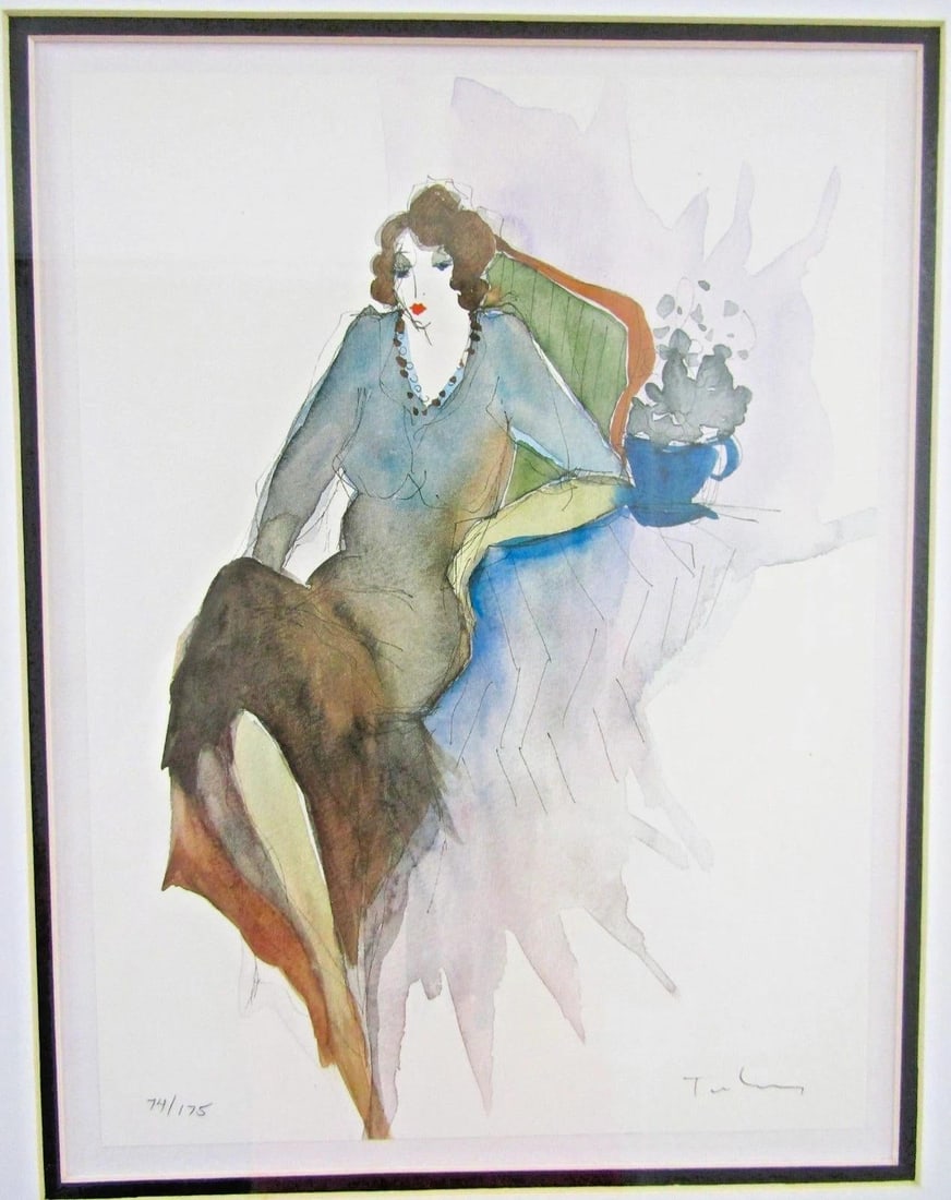 1990s Itzchak Tarkay Pencil Signed and Numbered Lithograph Seated Woman With Coffee - 3