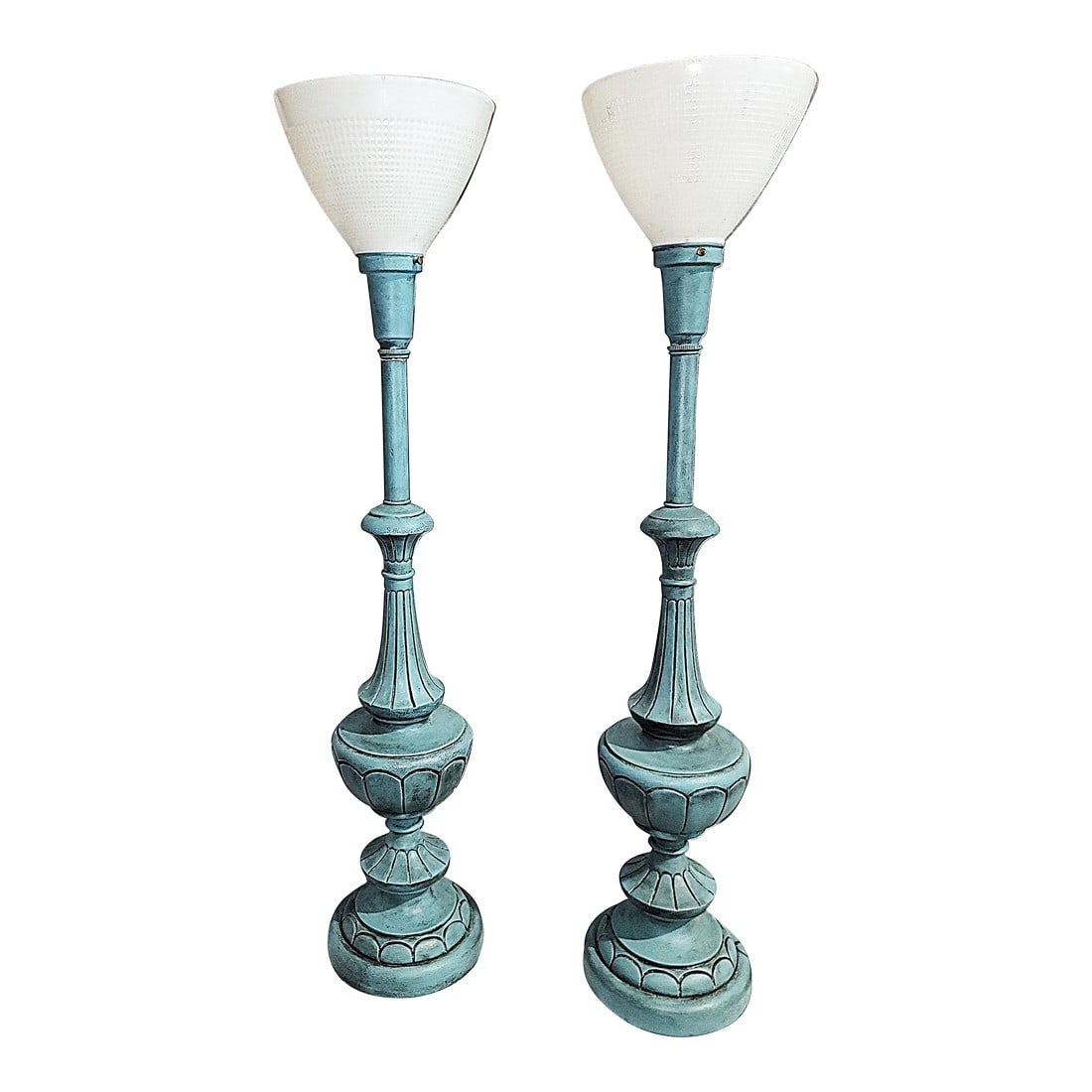 Mid 20th Century Painted Torchiere Table Lamps - a Pair: Step back to the 1960s with this pair of Egyptian revival styled tall torchiere type table lamps, freshly wired and finished in Annie Sloan paint and natural wax finish. Milk glass shades. The black