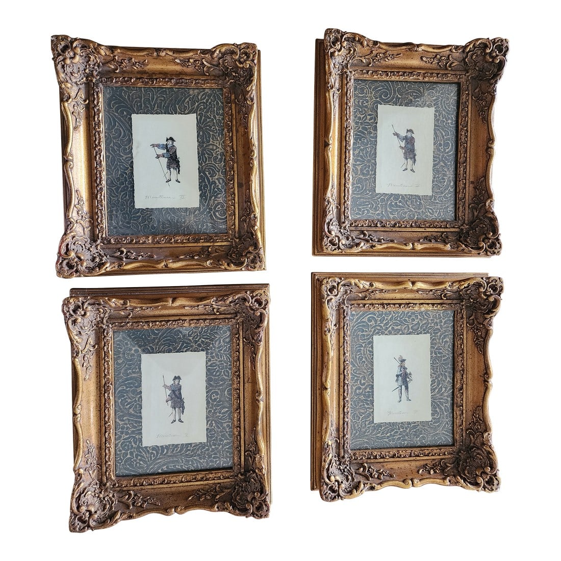 Beautifully Framed Color Etchings of "The Minutemen" Reproduction - Set of 4: Here we have a beautiful collection of 4 exquisitely framed etchings of "the minutemen". display them is grouping and have fun decorating your walls with these wonderful treasures. Condition: