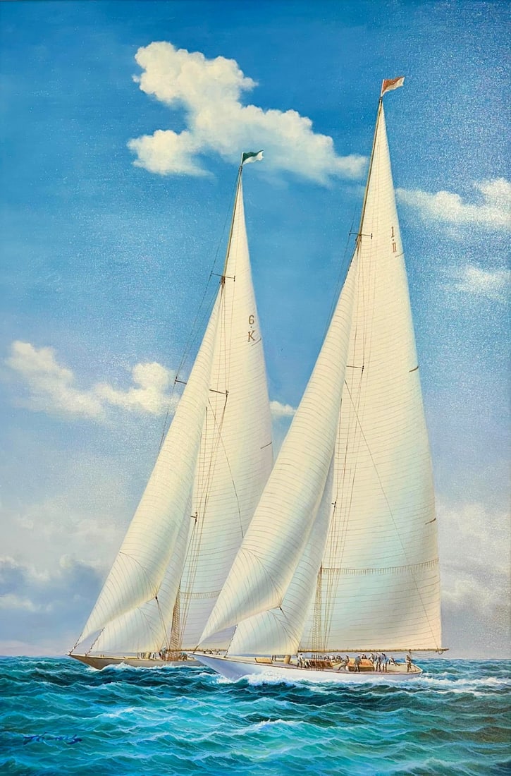 Racing Sailboats Maritime Nautical Seascape Painting by Matt Thomas, 2025: Original oil on canvas by artist Matt Thomas of a striking nautical scene capturing two majestic racing yachts under full sail. The sailboats are cutting through white-capped open seas beneath a