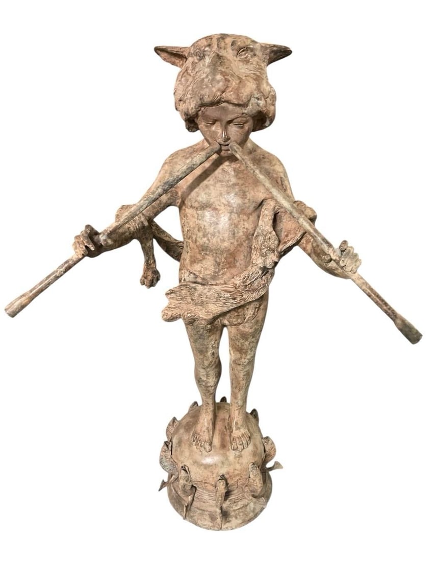 Vintage Neoclassical Patinated Bronze Fountain – Boy Playing Double Flute on Fish Base - 2
