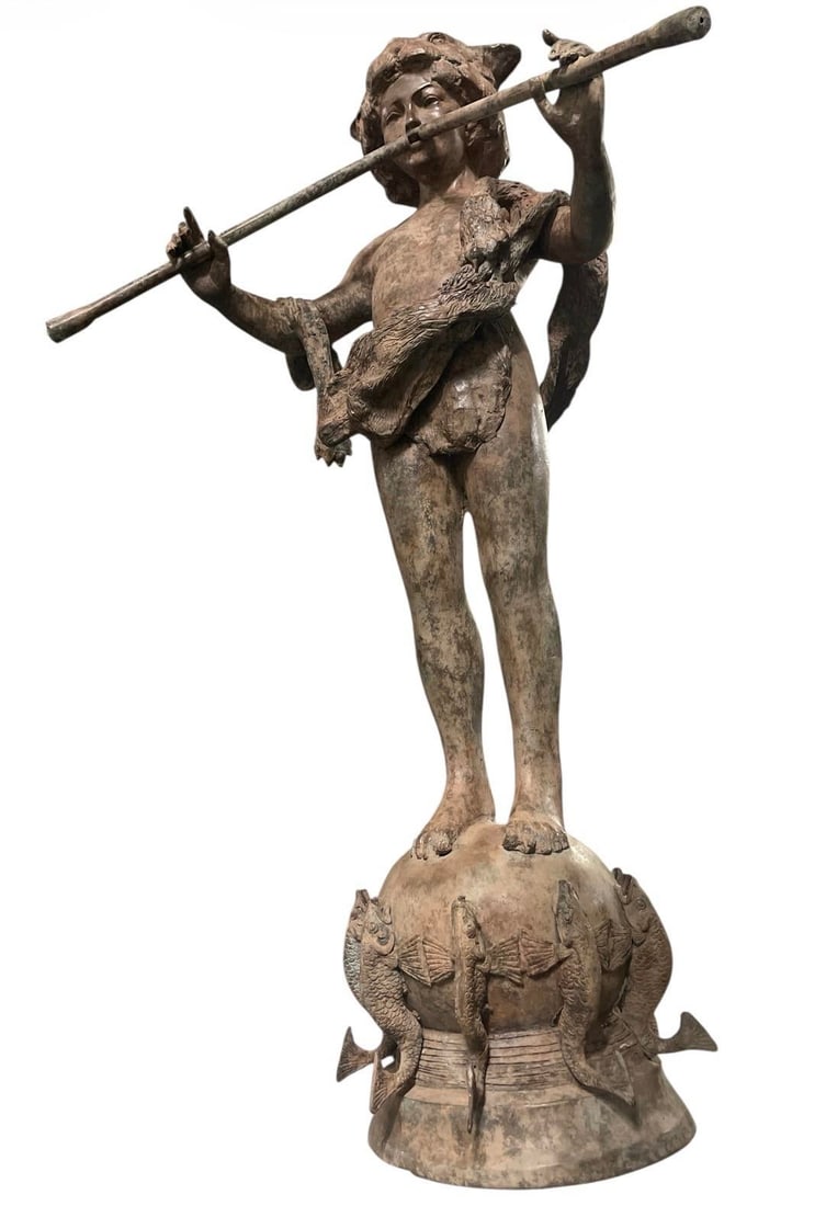 Vintage Neoclassical Patinated Bronze Fountain – Boy Playing Double Flute on Fish Base - 3