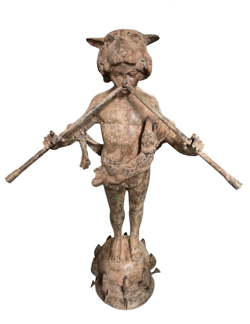 Vintage Neoclassical Patinated Bronze Fountain – Boy Playing Double Flute on Fish Base - 4