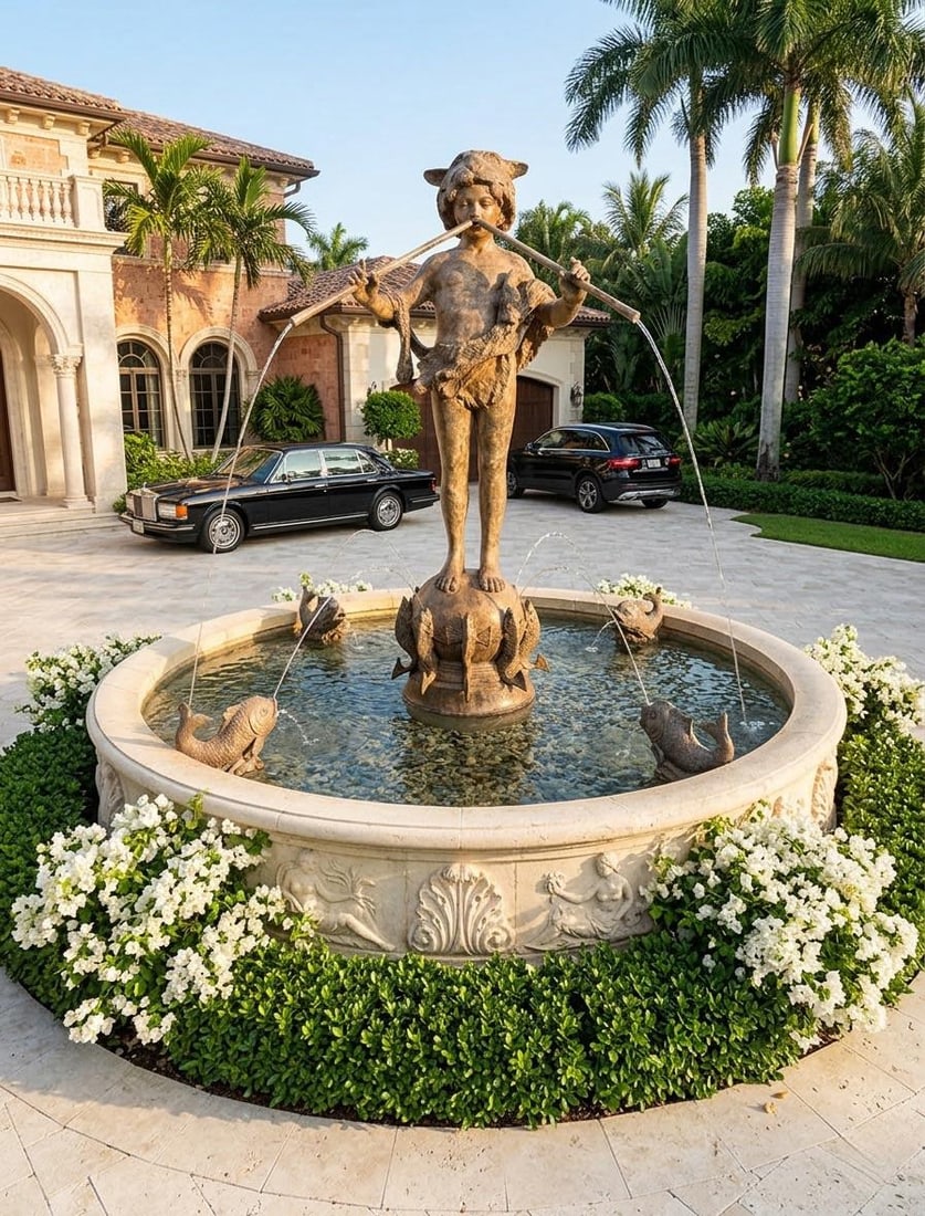 Vintage Neoclassical Patinated Bronze Fountain – Boy Playing Double Flute on Fish Base - 5