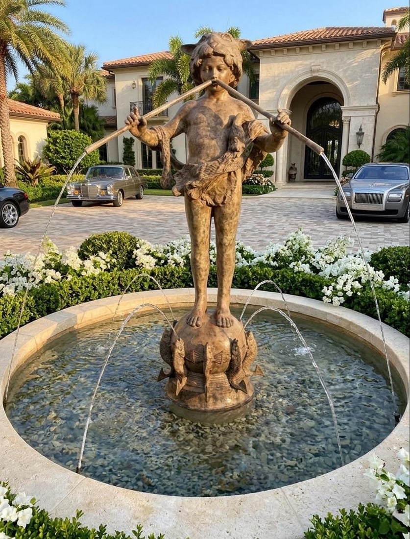 Vintage Neoclassical Patinated Bronze Fountain – Boy Playing Double Flute on Fish Base - 9