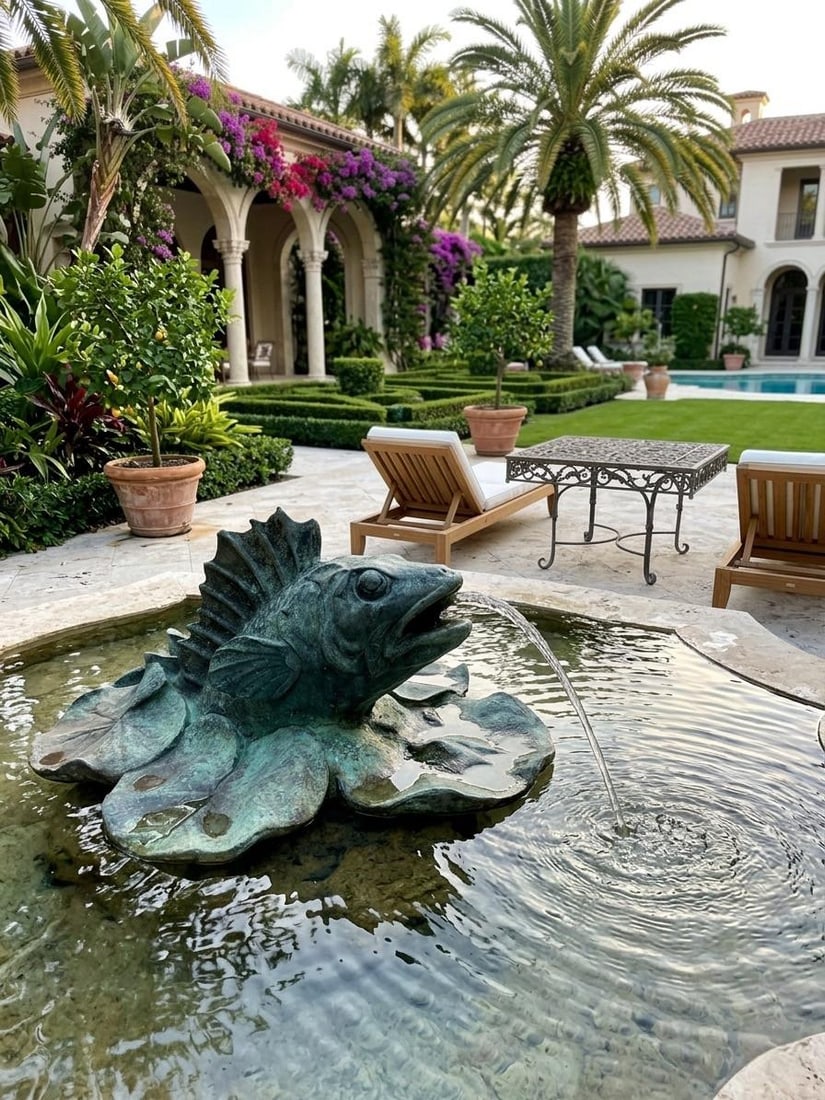 Vintage Verdigris Bronze Perch & Lily Pad Fountain Spouted Sculpture - 10