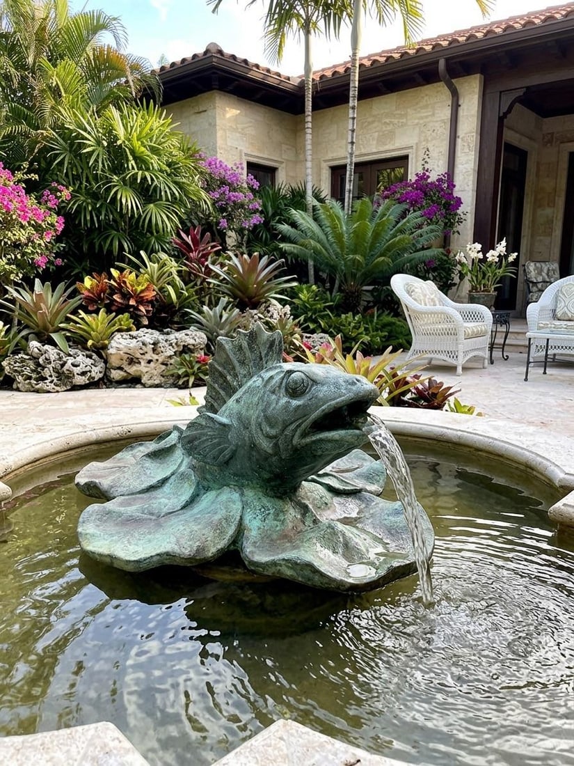 Vintage Verdigris Bronze Perch & Lily Pad Fountain Spouted Sculpture - 11